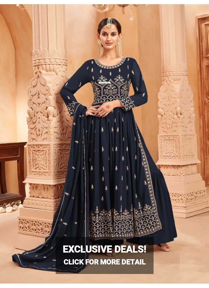 Navy Blue Faux Georgette Embroidered Naira Cut Palazzo YOS26218