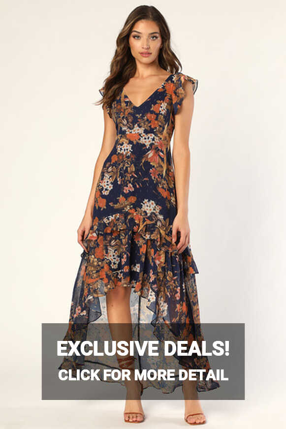 Navy Blue Floral Dress - High-Low Maxi Dress - Ruffled Dress - Lulus