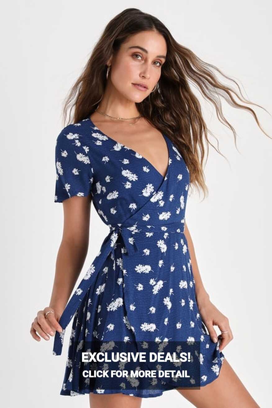 Navy Blue Floral Dress - Mini Wrap Dress - Short Sleeve Dress - Lulus