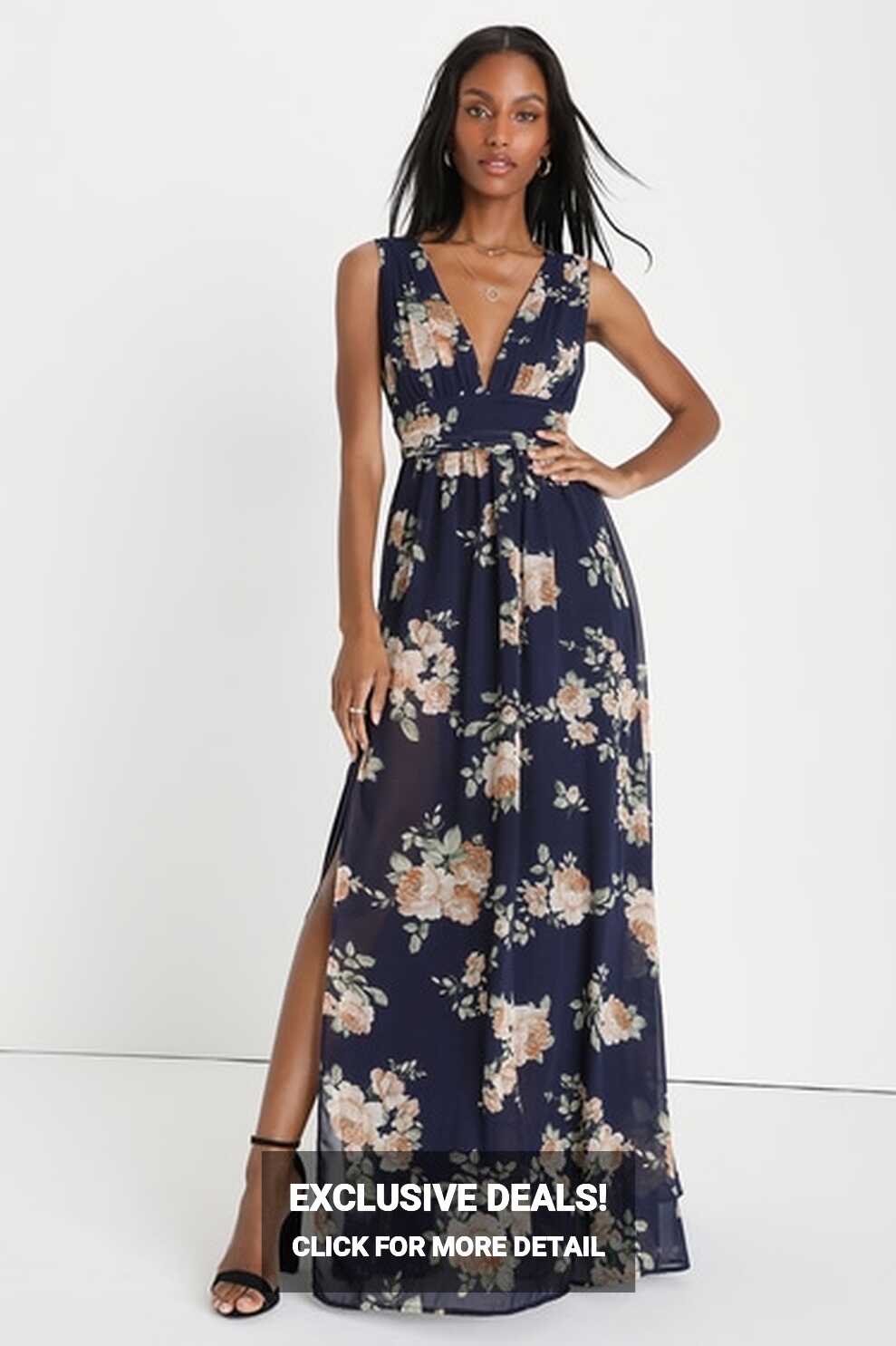 Navy Blue Floral Dress - Sleeveless Maxi Dress - V-Back Dress - Lulus