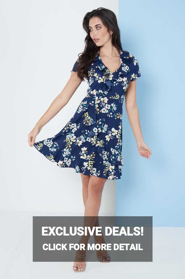 Navy Blue Floral Wrap Frill Dress - Sale from Yumi UK