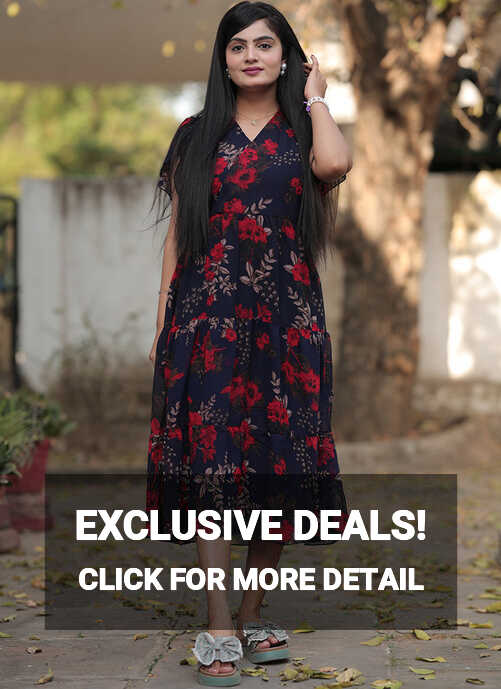 Navy Blue Georgette With Red Flower Printed Western Midi Dress ...