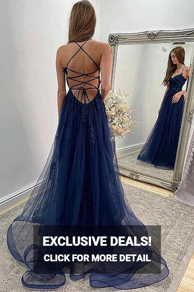 Navy Blue Lace A-line Backless Prom Dress With Slit SP853 | Simidress