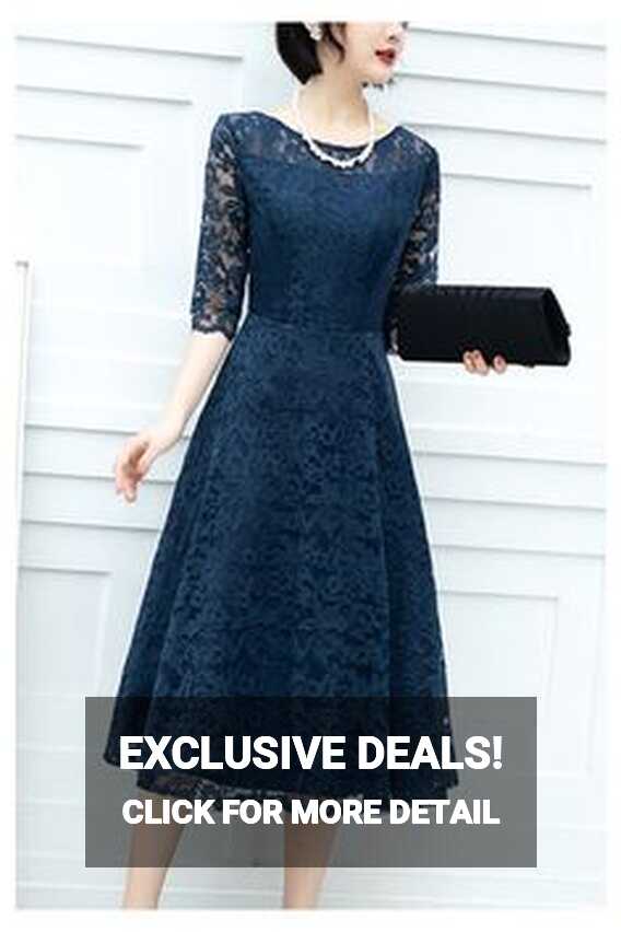 Navy Blue Lace Knee Length Women Party Dress With Lace Sleeves