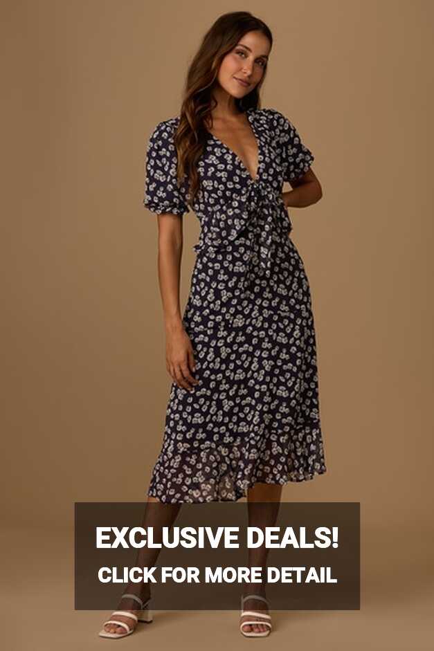 Navy Blue Midi Dress - Floral Print Dress - Tiered Dress - Lulus