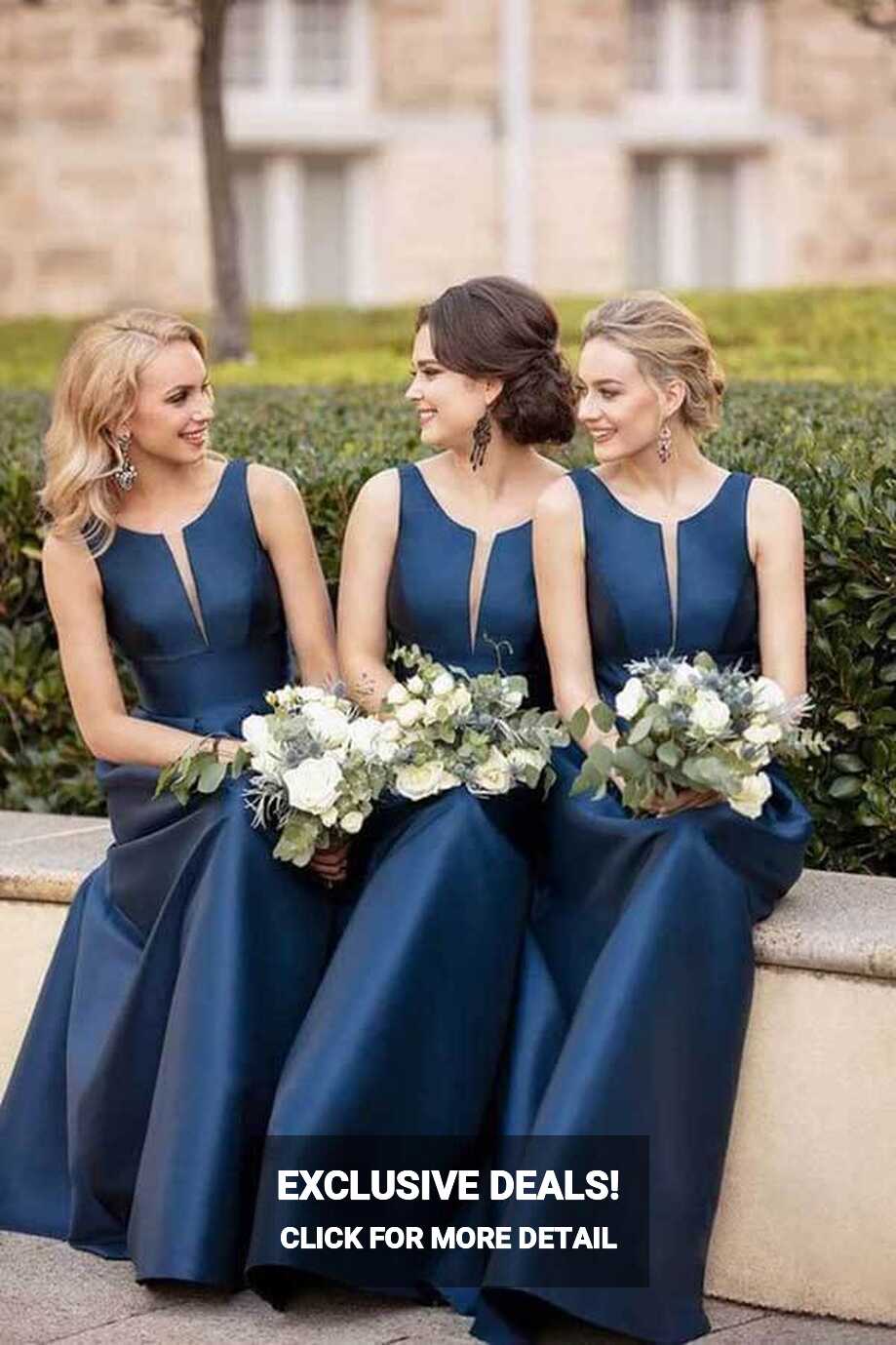 Navy Blue Satin A-line V-neck Bridesmaid Dresses MBD178 | Musebridals