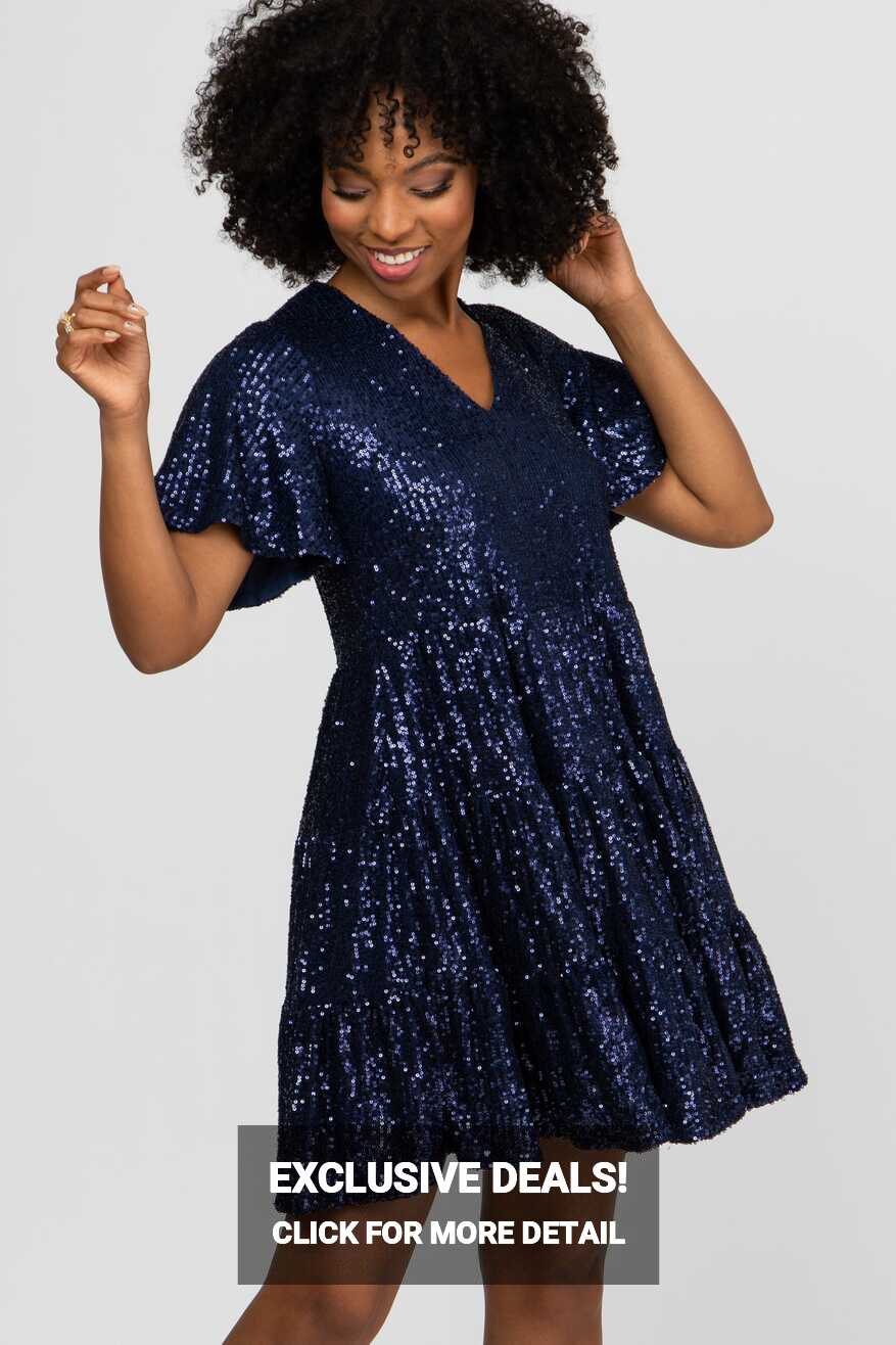 Navy Blue Sequin Tiered Short Sleeve Dress – PinkBlush