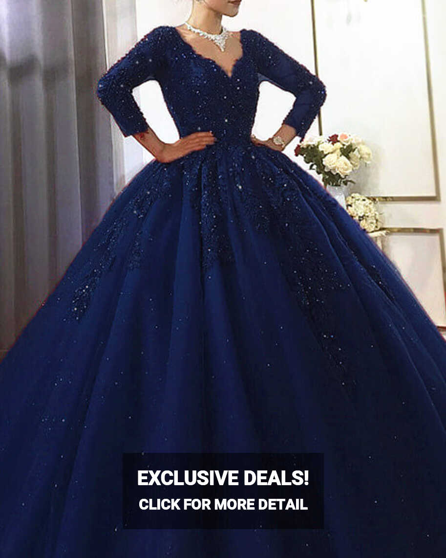 Navy Blue V Neck Wedding Dress With 3/4 Sleeves – Lisposa