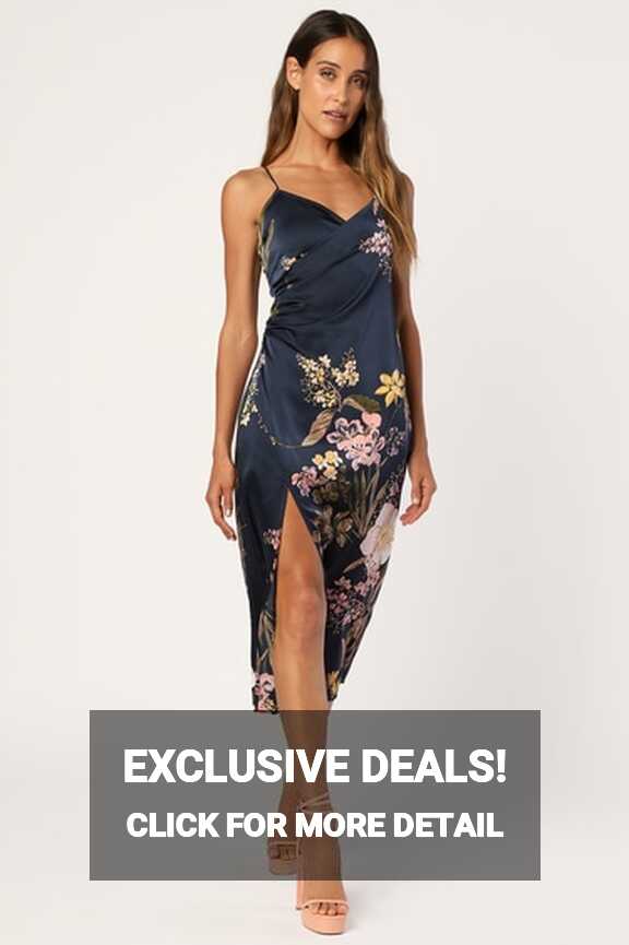 Navy Floral Print Dress - Satin Midi Dress - Surplice Dress - Lulus