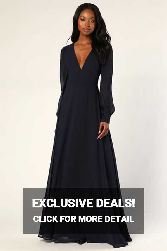 Navy Maxi Dress - Chic Open Back Dress - Long Sleeve Maxi Dress ...