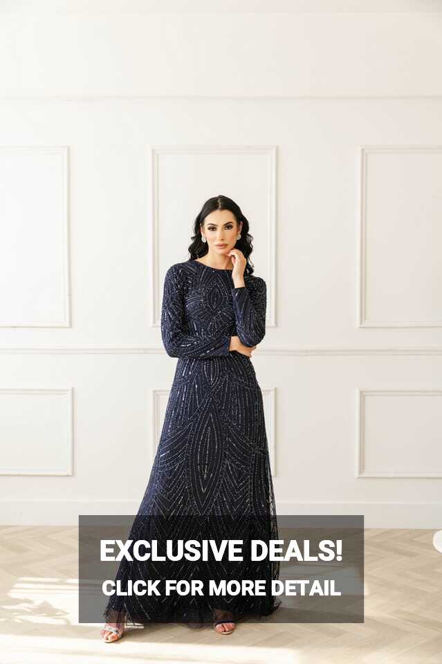 Navy Sequin Long Sleeve Evening Dress With Trail - Shimmi Dresses