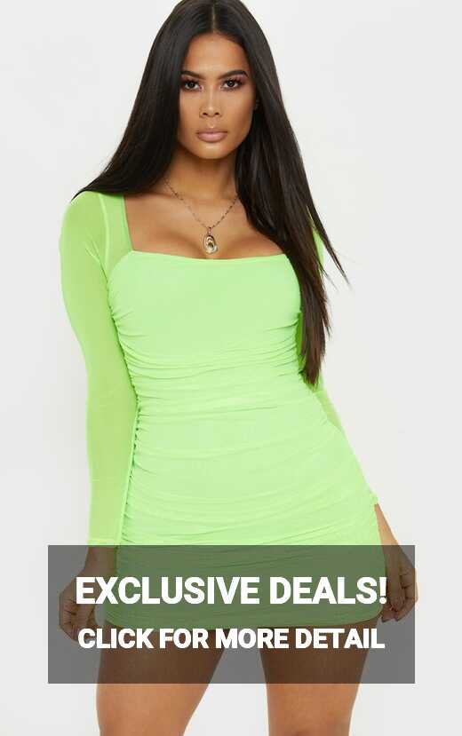 Neon Lime Mesh Ruched Bodycon Dress | Dresses | PrettyLittleThing QA