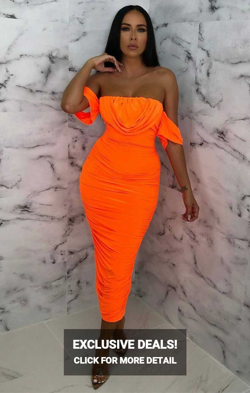 Neon Orange Bardot Cowl Neck Ruched Midi Dress | Dresses | Femme ...