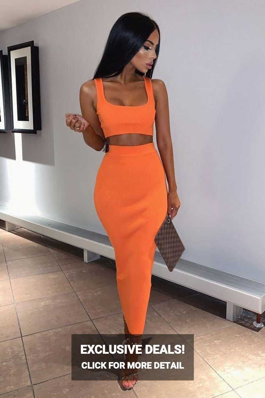 Neon Orange Ribbed Maxi Two Piece Crop Top Skirt Set | IRHAZ | Giyim