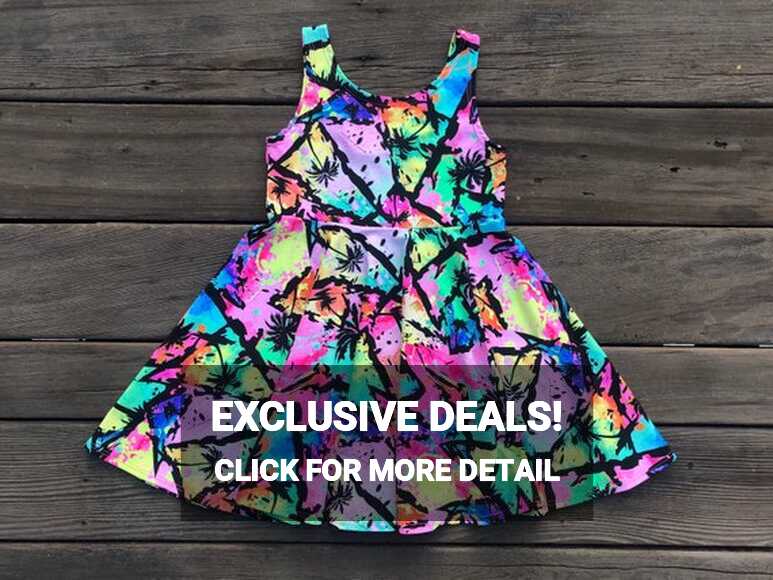 Neon Rainbow Palm Trees, Girls Twirly Quick Dry Dress, Triangles ...