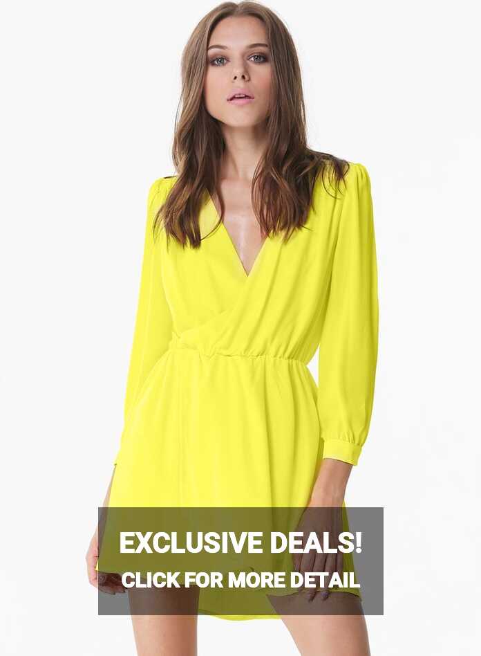 Neon Yellow Long Sleeve V Neck Wrap Fornt Dress - Sheinside.com ...