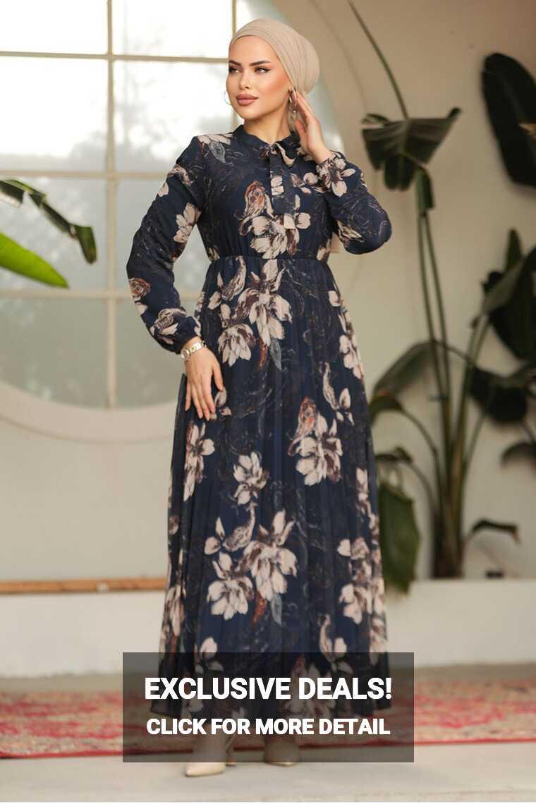 Neva Style Floral Patterned Navy Blue Hijab Dress 50355L - Trendyol