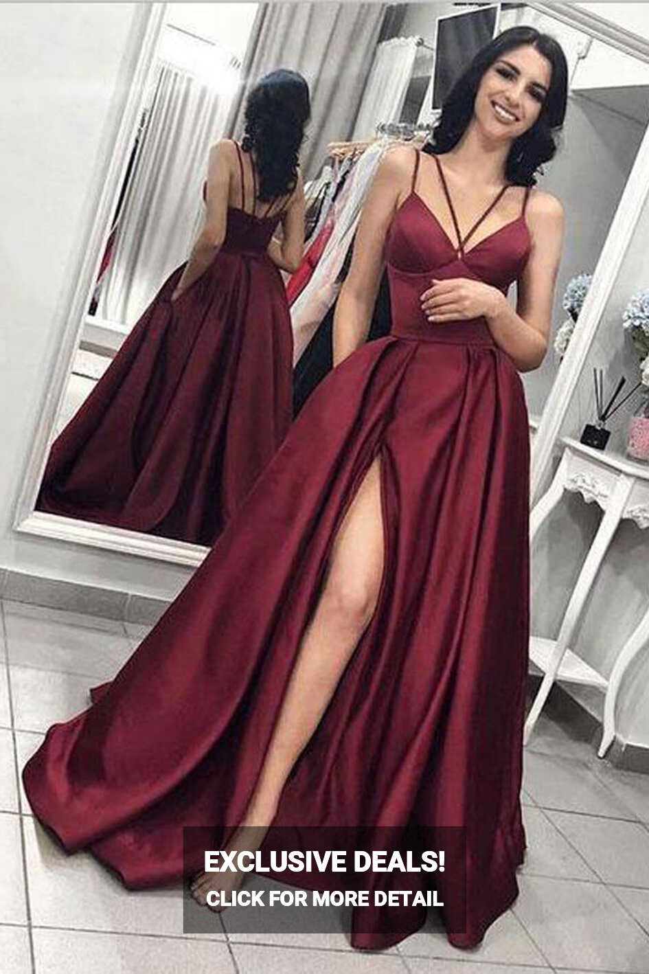 New Burgundy Spaghetti Straps Formal Prom Dresses With Pocket LD ...