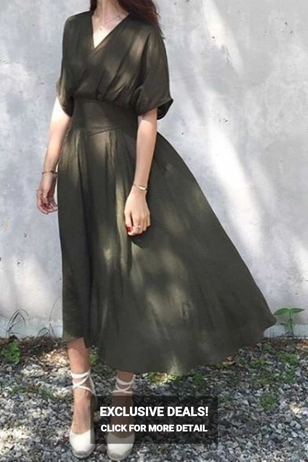 New Fashion Elegant V Neck Short Sleeve Plain Chic A-Line Maxi Dress