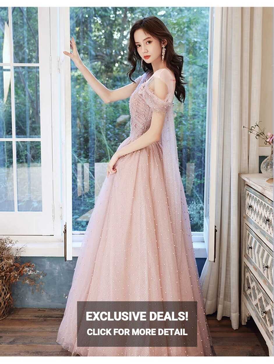 New Graduation Dress Pink Long Korean Style Beadings Banquet ...