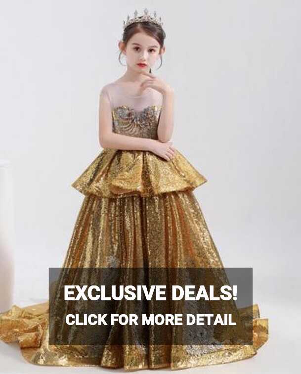 New Luxury Gold Sequin Flower Girl Dress Sleeveless Highend Show ...