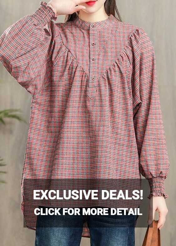 New Pink Plaid Cotton Blouse Casual Loose Long Sleevel Tops