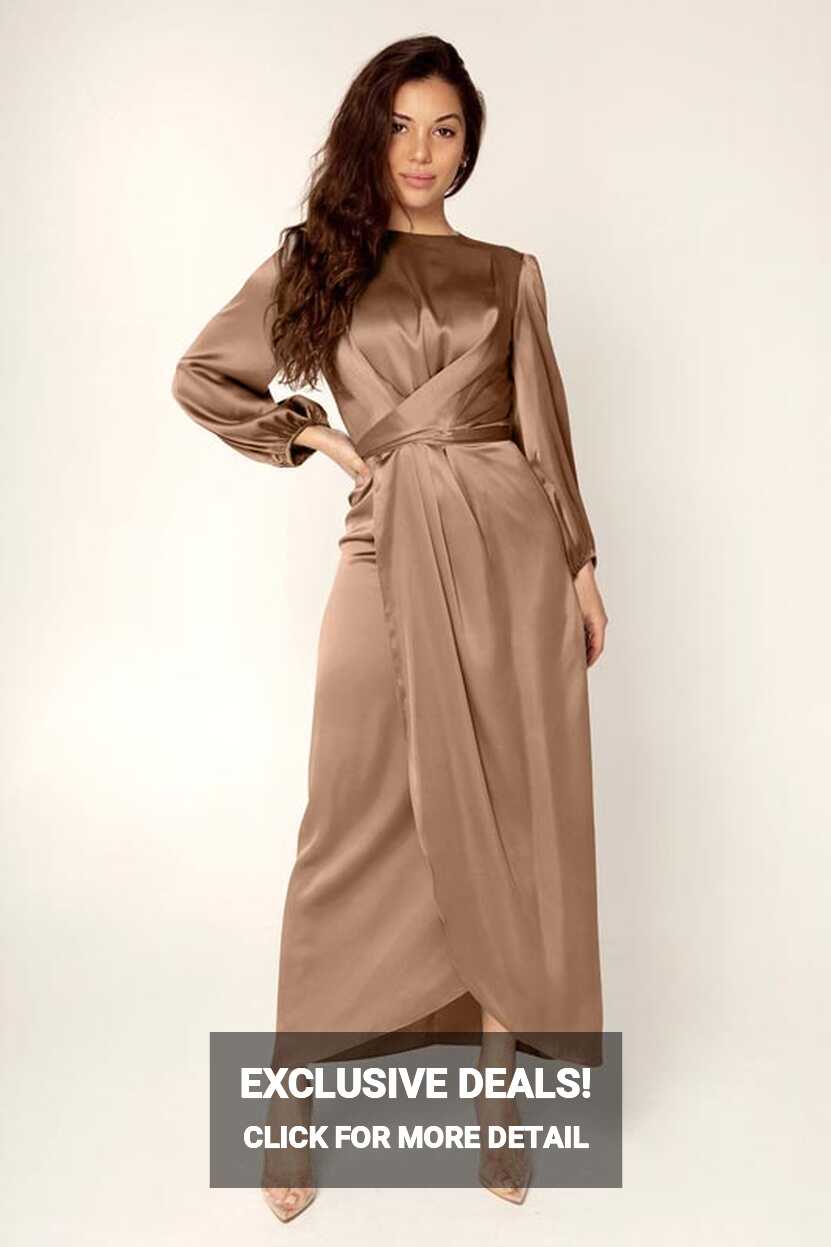 New Women&#39;s Elegant Empire Waist Long Sleeve Satin Maxi Dress ...