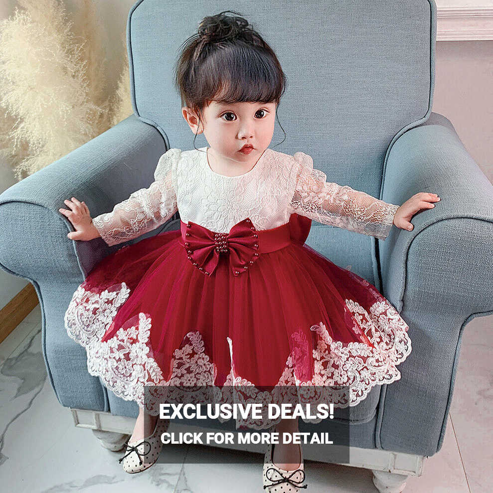 Newborn Long Sleeve Baby Girls Dress Party Wedding Bow Lace Infant ...