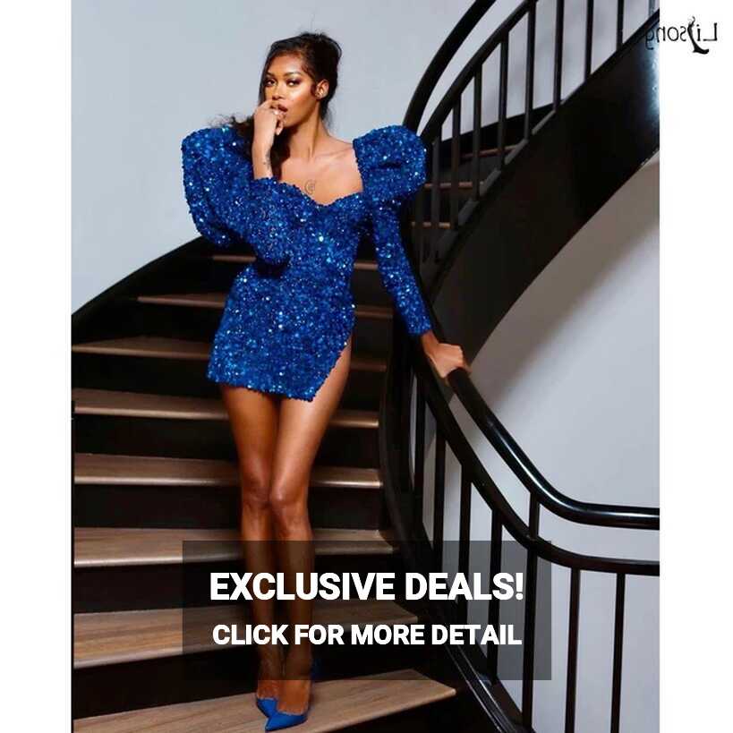 Newest 2021 Royal Blue Sequined Short Cocktail Dresses Sexy ...