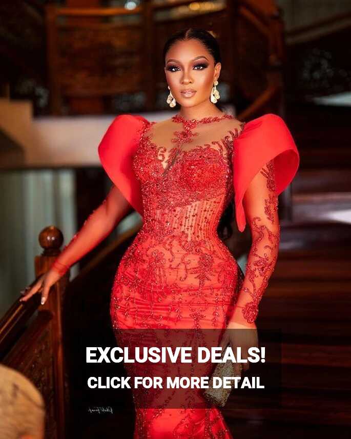 Nigerian African Aso Ebi Evening Dresses Red Mermaid Beading Lace ...