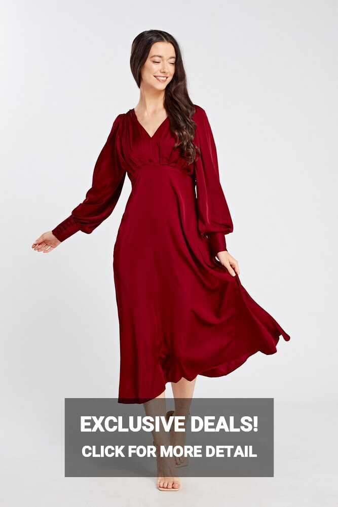 Nora Deep Red Satin Midi Dress With Long Sleeves - TAHLIRA