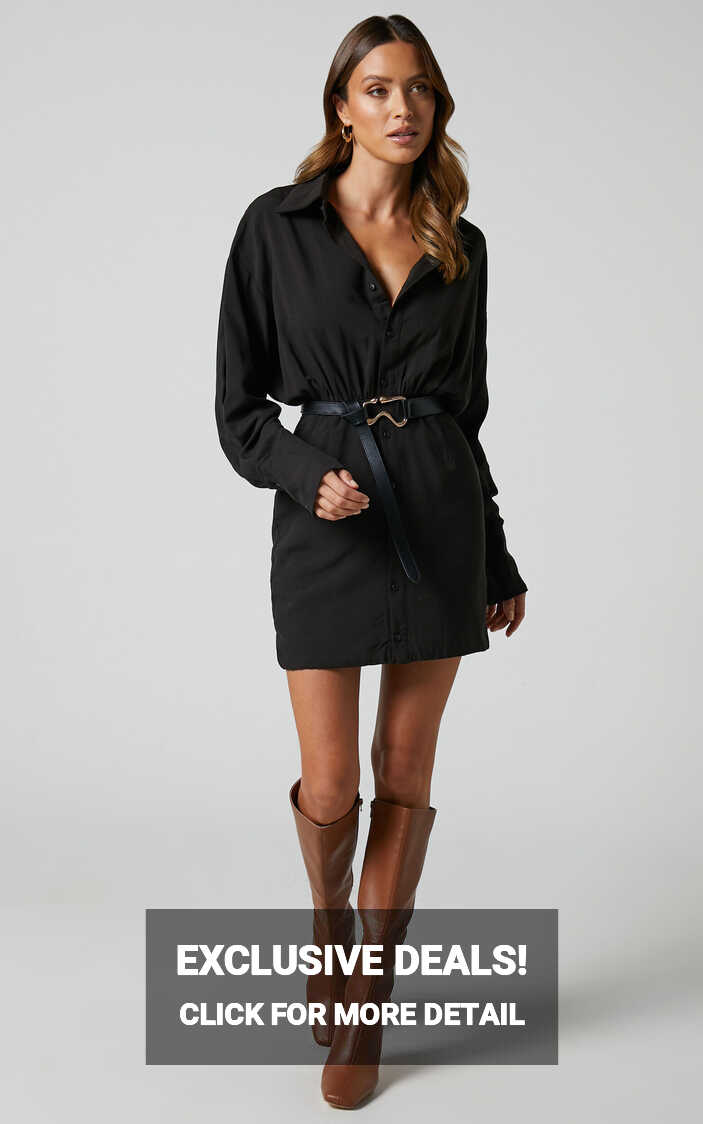 Norie Mini Dress - Button Up Long Sleeve Shirt Dress in Black ...