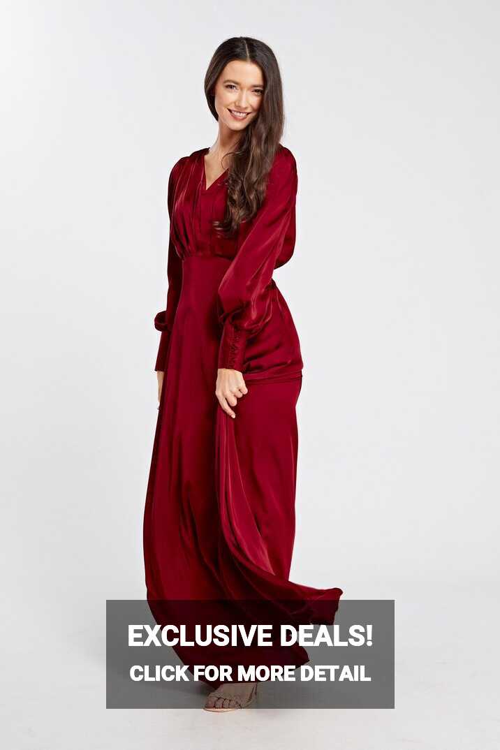 Norina Deep Red Satin Maxi Dress With Long Sleeves - TAHLIRA