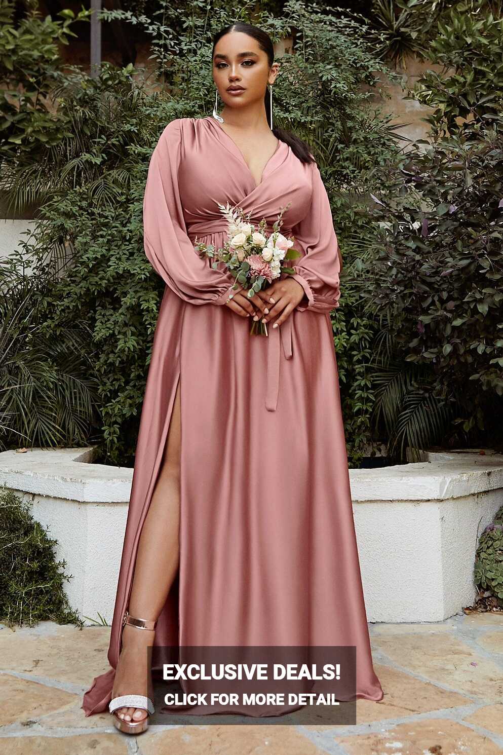 Nude Cinderella Divine 7475C Plus Size Formal Long Sleeve Satin ...