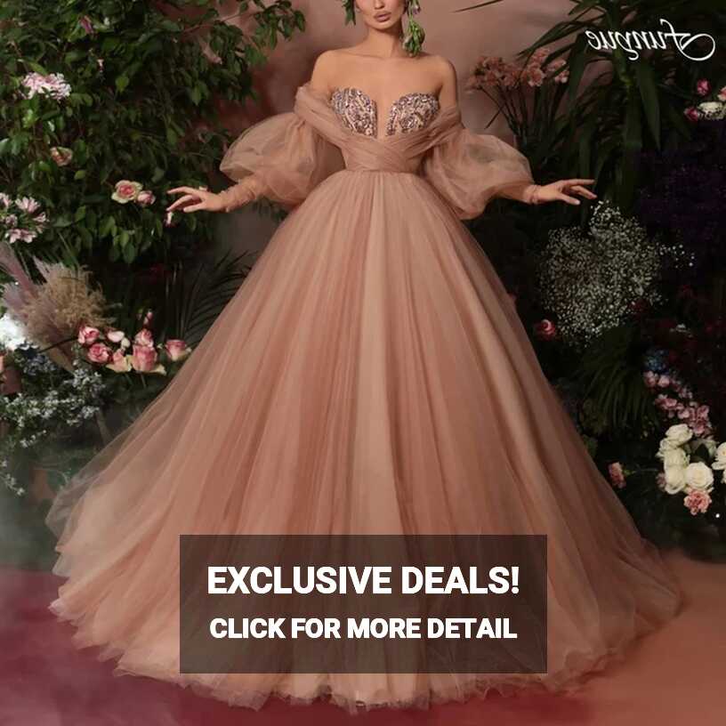 Nude Puffy Tulle Ball Gown Prom Dresses Long Sleeve Sweetheart Off ...