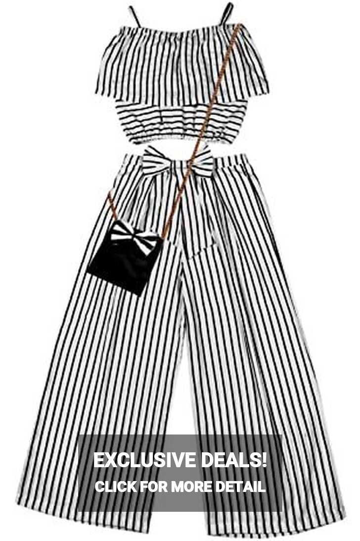 ORIEX Girl&#39;s Jumpsuit (Striped Dng-13-14 Yr_White_M)