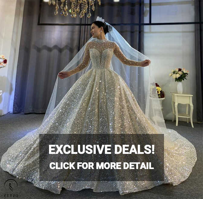 OSTTY - Luxury Gold Wedding Dress Long Sleeve Hign Neck Full ...