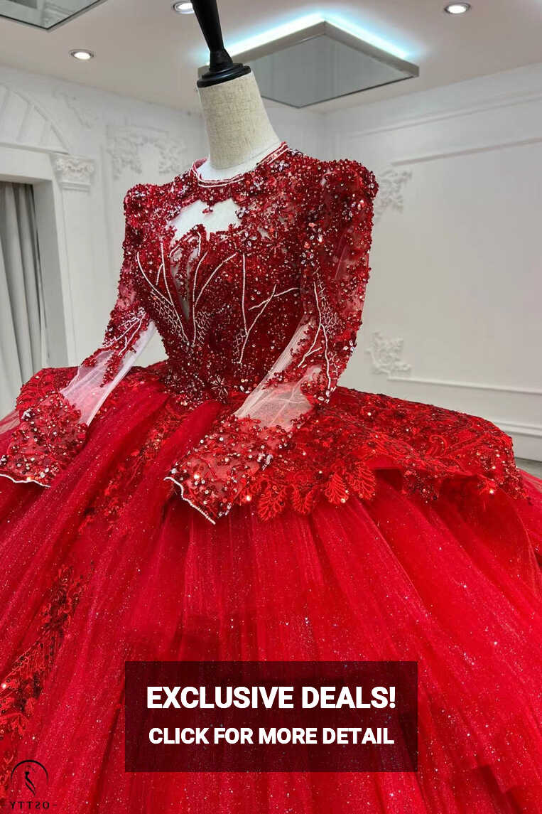 OSTTY - Red Luxury Long Sleeves beads Ball Gown Wedding Dress ...