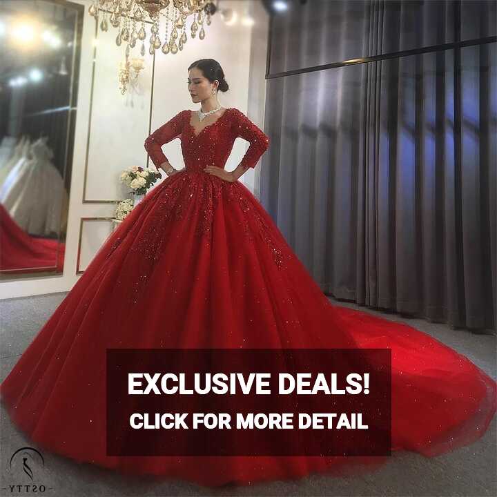 OSTTY - Red V Neck Long Sleeves Beading Wedding Dress OS3915 $1,299.99