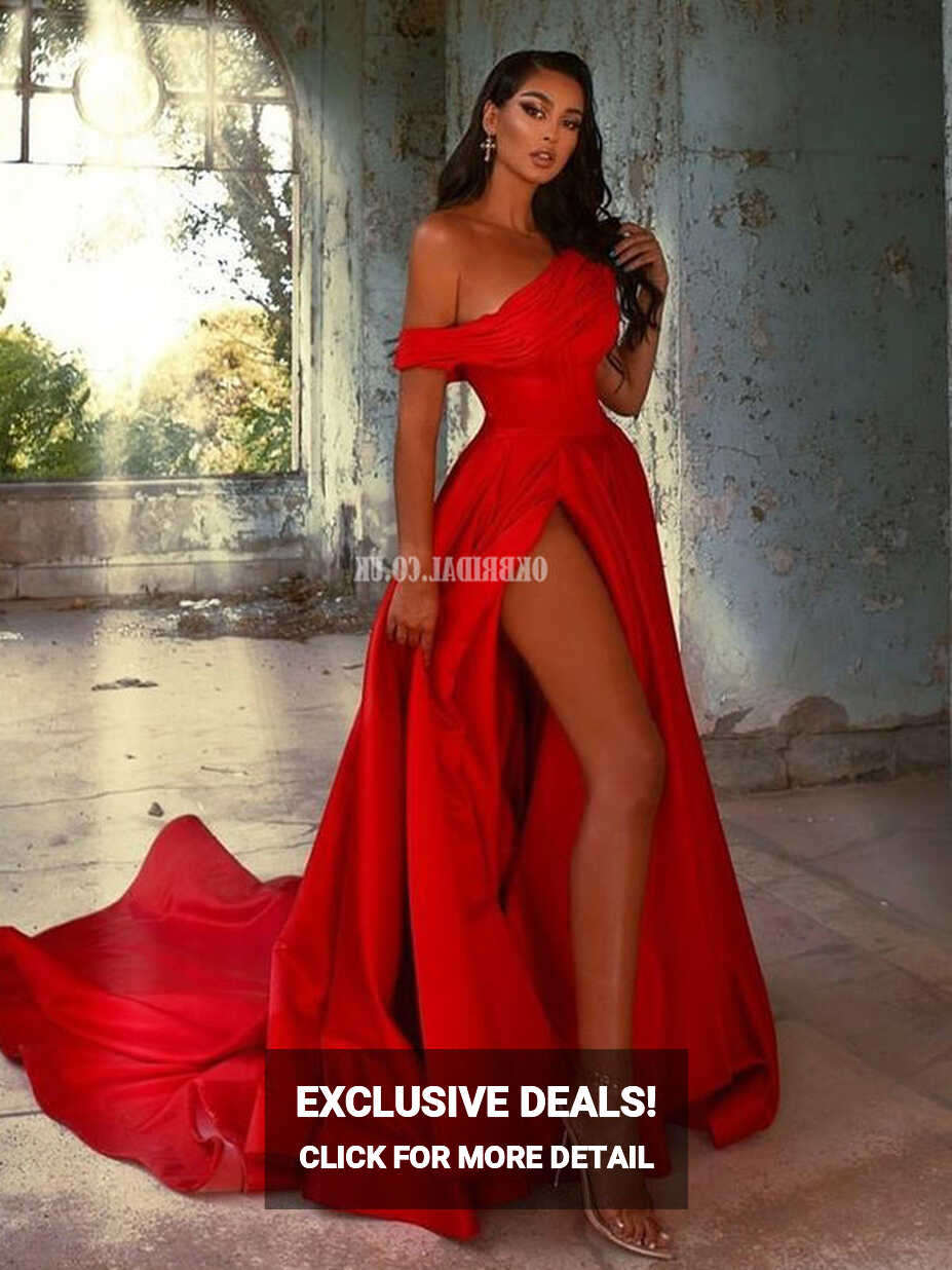 Off Shoulder A-line Red Satin Sexy Slit Long Dresses, FC6538 ...