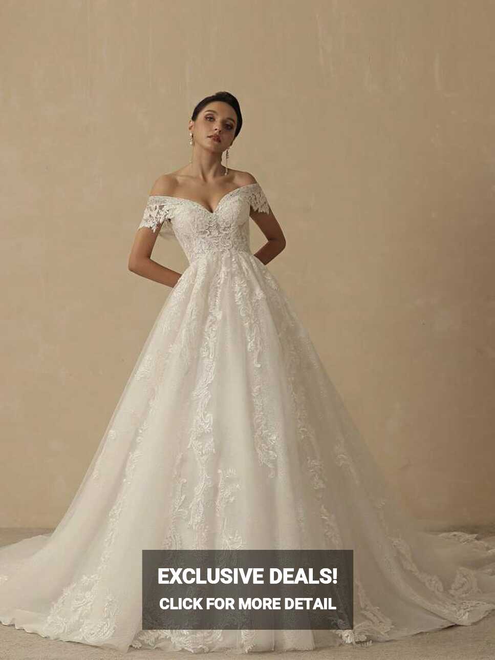 Off Shoulder Appliques Embroidery Floor Length Mesh Wedding Dress ...