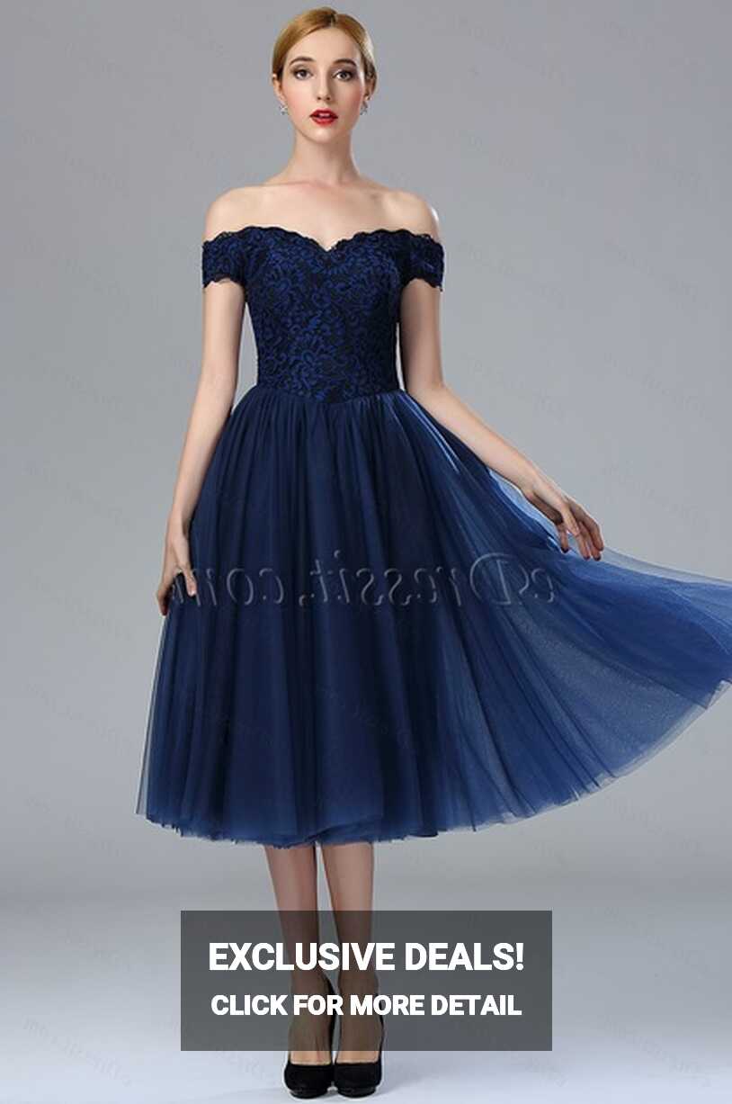 Off Shoulder Blue Lace Cocktail Party Dress (04173105) - eDressit