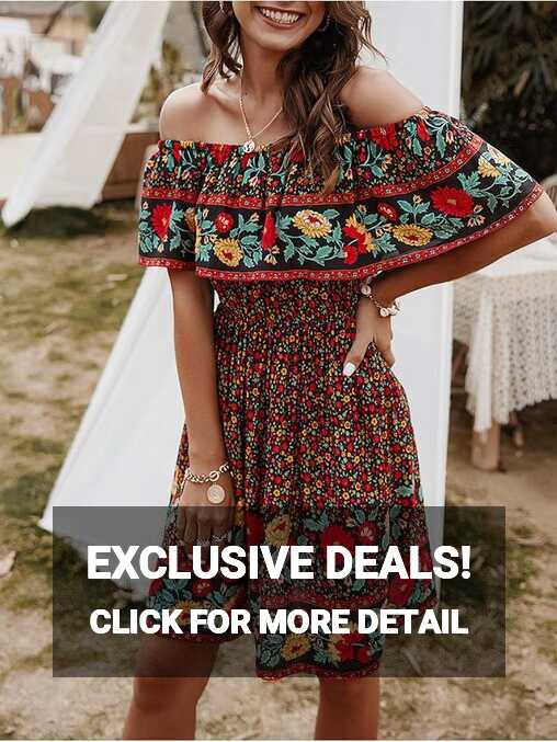 Off Shoulder Boho Floral Swing Mini Dress Summer Strapless Pleated ...