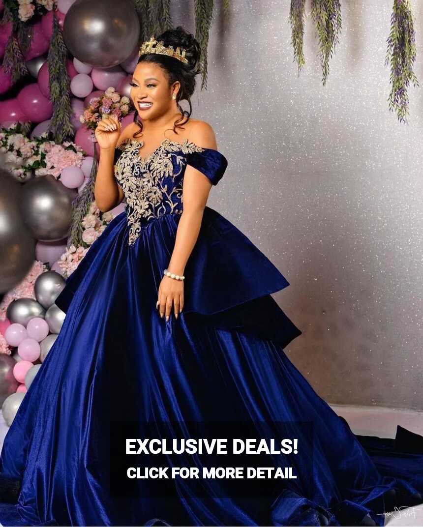 Off Shoulder Dark Blue Plus Size Wedding Dress With Applique ...