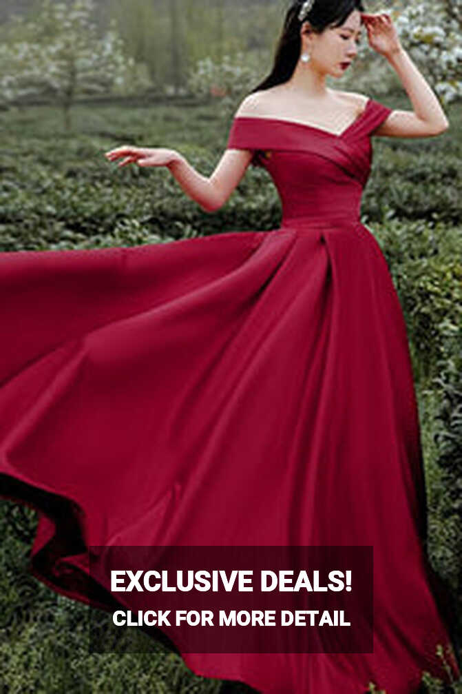 Off Shoulder Dark Red Satin Long Prom Dress, Off the Shoulder Dark ...