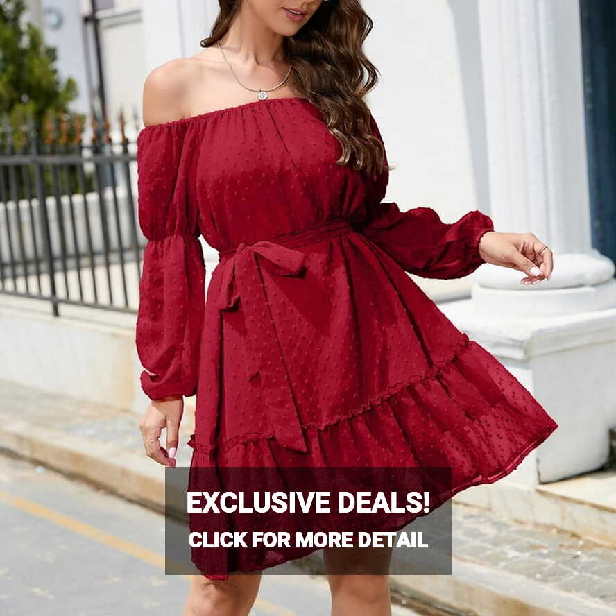 Off Shoulder Dress for Women Long Sleeve Swiss Dot Ruffle Fall ...