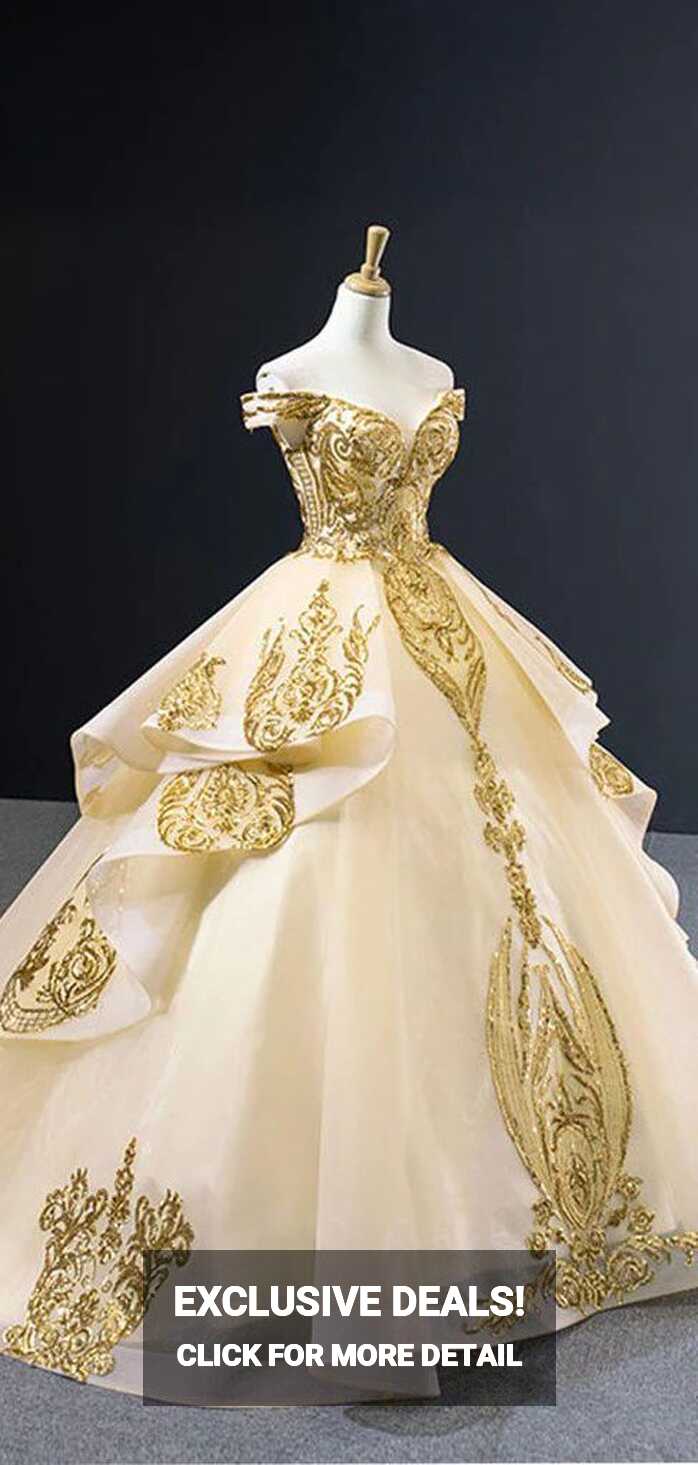 Off Shoulder Gold Applique Ball Gown Wedding Dresses, Gold Wedding ...