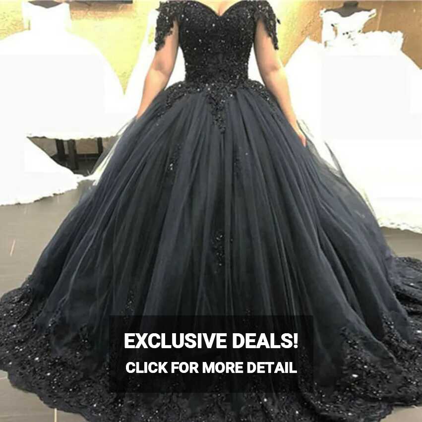 Off Shoulder Gothic Black Lace Puffy Black Quinceanera Dresses ...