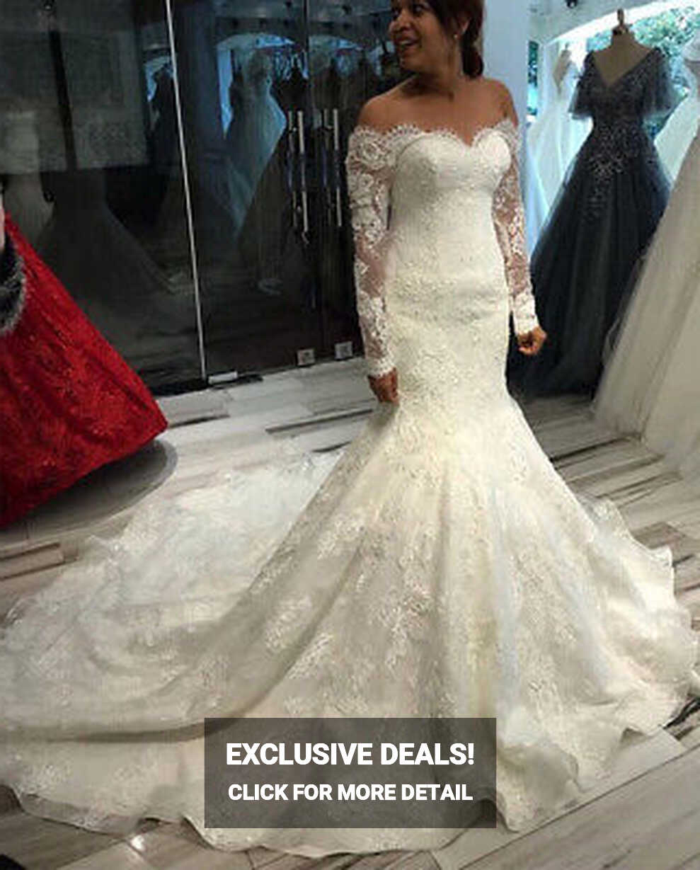 Off Shoulder Lace Mermaid Wedding Dresses Long Sleeve Long Train ...