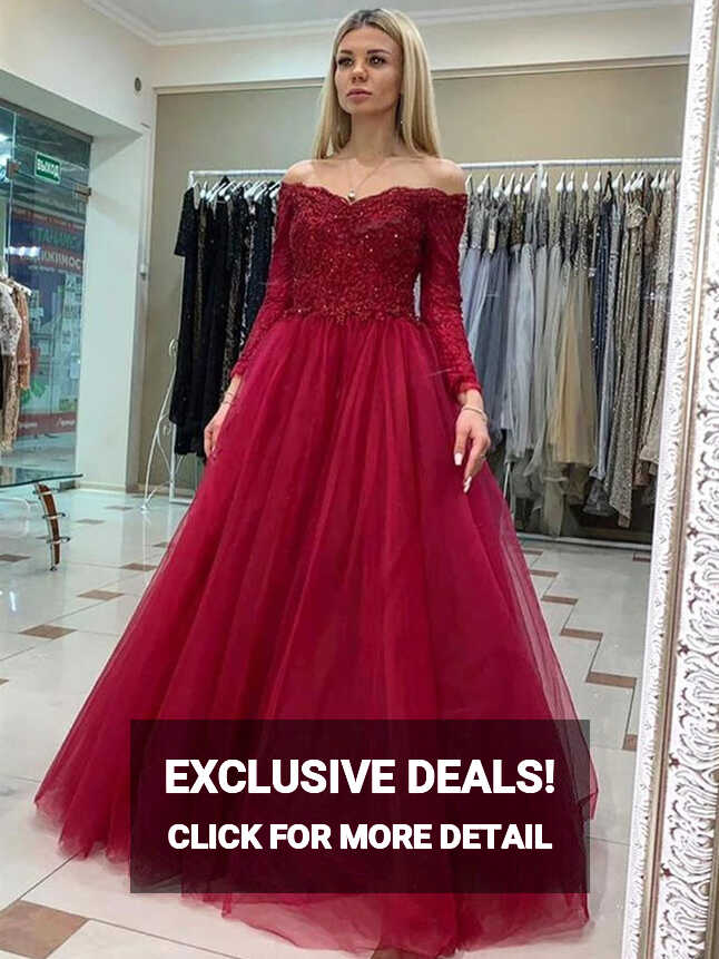 Off Shoulder Long Sleeves Burgundy Lace Prom Dresses, Long Sleeves ...